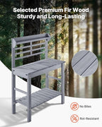 VEVOR Potting Bench Table, Outdoor Gardening Workstation with Sink, 37-55in Adjustable Wood Tabletop, Garden Work Station with Storage Shelves, Hooks for Patio, Backyard, Classic Grey