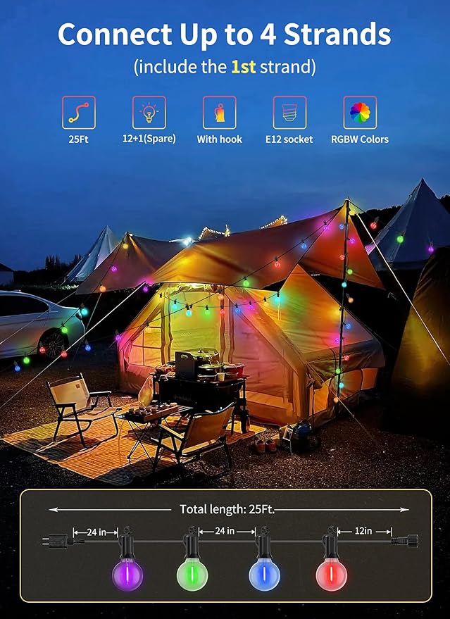 Brightown Outdoor String Lights 29 Feet G40 LED Patio Lights, 13 Plastic Multicolor Bulbs(1 Spare), Remote, Timer, Waterproof Connectable Hanging Light for Porch Balcony Party Decor, E12 Base, RGBW