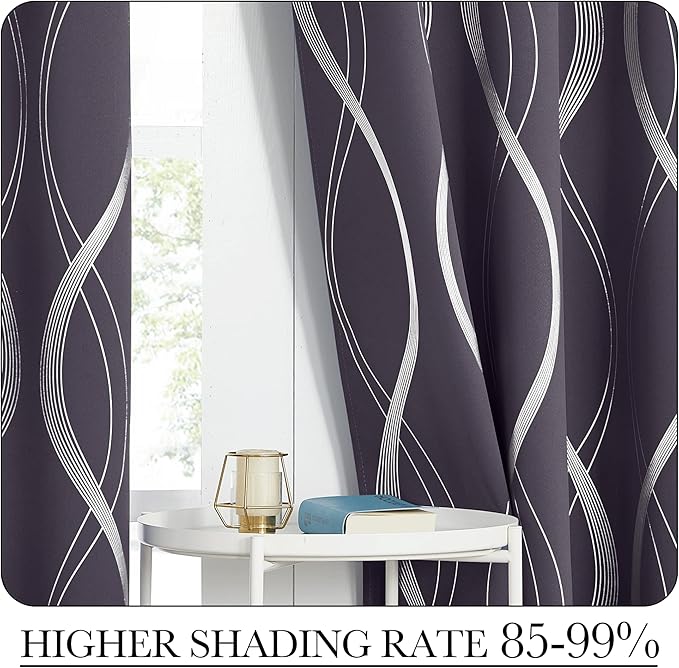NICETOWN Blackout Curtains Panels for Living Room, Greyish Purple, 52" Wide x 84" Long, 2 Panels, Sound Reducing Thermal Insulated Wave Line Foil Print Design Curtains for Patio Sliding Glass Door