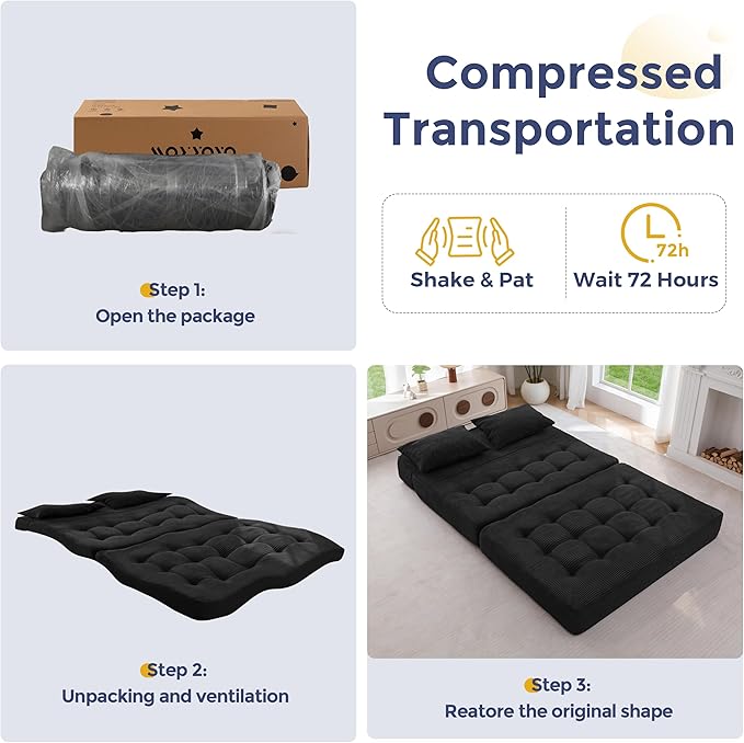 MAXYOYO Folding Sofa Couch, Convertible Floor Sleeper Couch with 2 Pillows, Tufted Floor Loveseat Couch Tufted Fold Out Chair Bed Comfy Sofa Lounge for Living Room Bedroom, Black