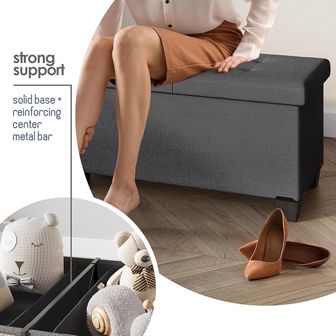Storage Ottoman Bench with Bins, 43-in Storage Bench for Bedroom End of Bed, Folding Foot Rest Ottoman for Living Room Max 660lbs, Fabric Ottomans, Grey
