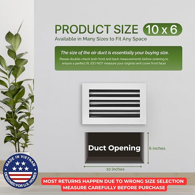 Modern Air Vent Cover 10x6 (Duct Opening) - Decorative White Aluminum Linear Slot Diffuser for Wall, Ceiling, Floor Register - Quiet Operation HVAC Grille for Home with Adjustable Airflow