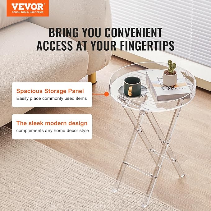 VEVOR Acrylic Folding Tray Table, Acrylic End Table with Folding X Leg, Clear Acrylic Side Table for Coffee, Drink, Food, Snack for Living Room & Bedroom