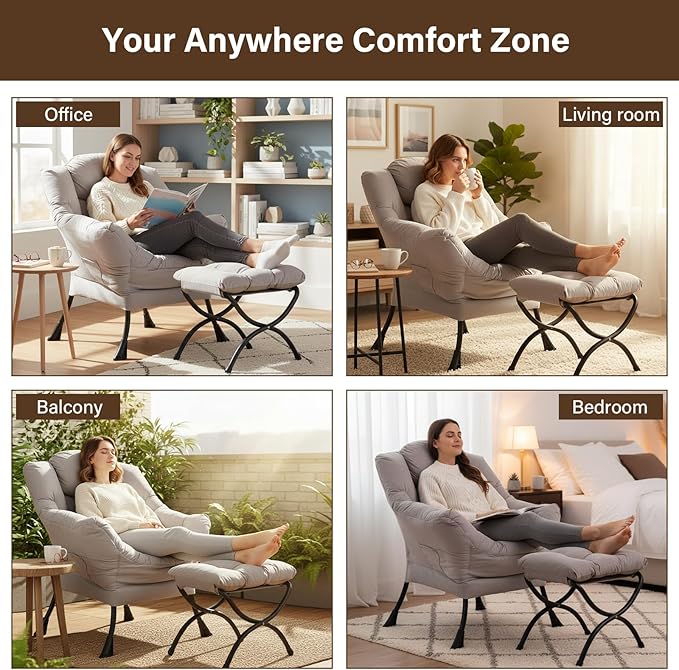 Welnow Lazy Chair with Ottoman, Modern Accent Chair with Armrests and a Side Pocket, Leisure Sofa Armchair, Reading Armchair with Footrest for Small Space, Light Grey
