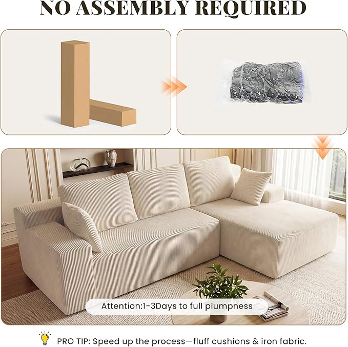 Cloud Sectional Boneless Couches for Living Room, Modular L Shaped Couch with Deep Seat Oversized Right Facing Chaise, Memory Foam Compressed Spineless 3 Seater Sofa for Apartment, Taupe | No Assembly Required, Deep Seat, Cat-Claw Resistant, High-Resil...