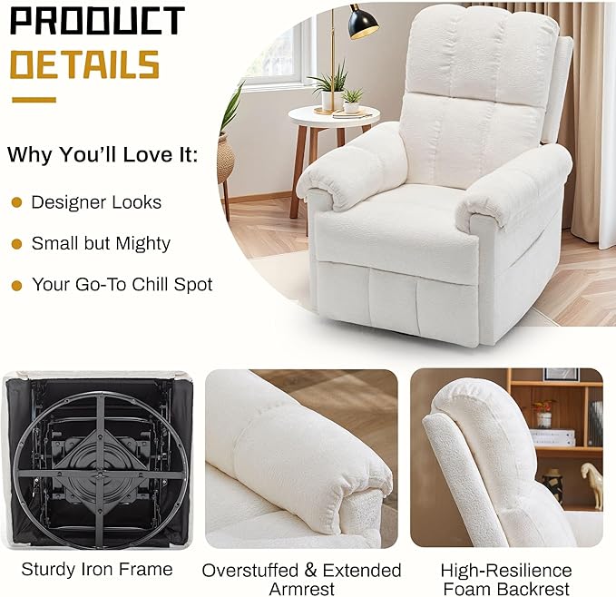 Recliner Chair, Swivel Rocker Recliner Chair for Adults, Small Recliners for Small Spaces, Upholstered Manual Recliner with Side Pockets, Nursery Rocking Chair for Living Room, Chenille, Beige