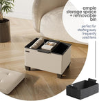 Storage Ottoman Cube with Small Bin, 16-in Square Ottoman with Storage for Living Room and Bedroom, Small Ottomans Foot Rest, Leather Foot Stools Ottomans Max 330lbs, Beige