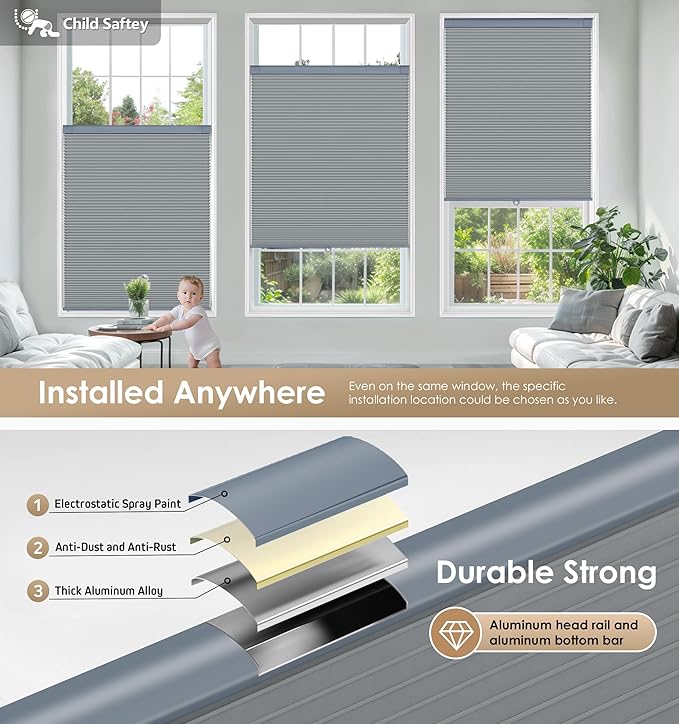 LazBlinds No Tools No Drill Cordless Cellular Shades, Blackout Light Blocking Honeycomb Shades for Home, Thermal Insulation Blinds for Windows, 25" W x 64" H, Dark Grey