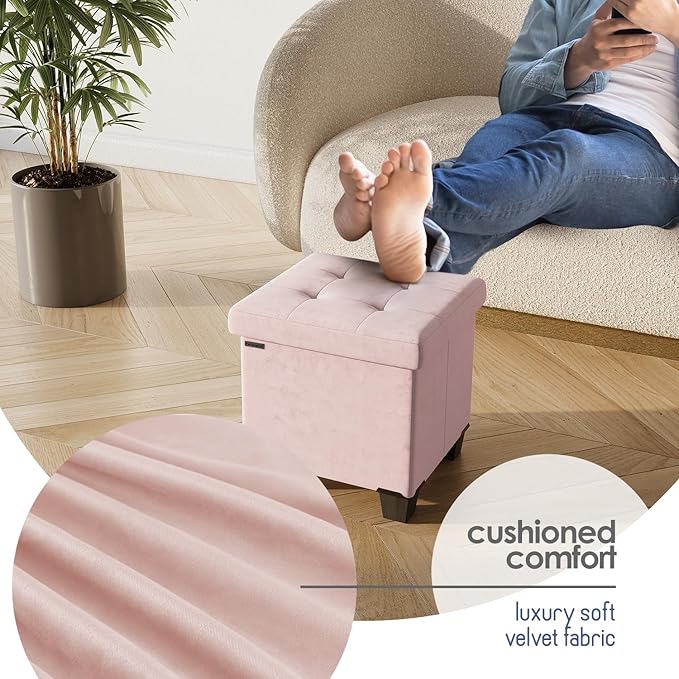 Storage Ottoman Cube with Small Bin, 15-in Square Ottoman with Storage for Living Room and Bedroom, Small Ottomans Foot Rest, Velvet Foot Stools Ottomans Max 330lbs, Pink