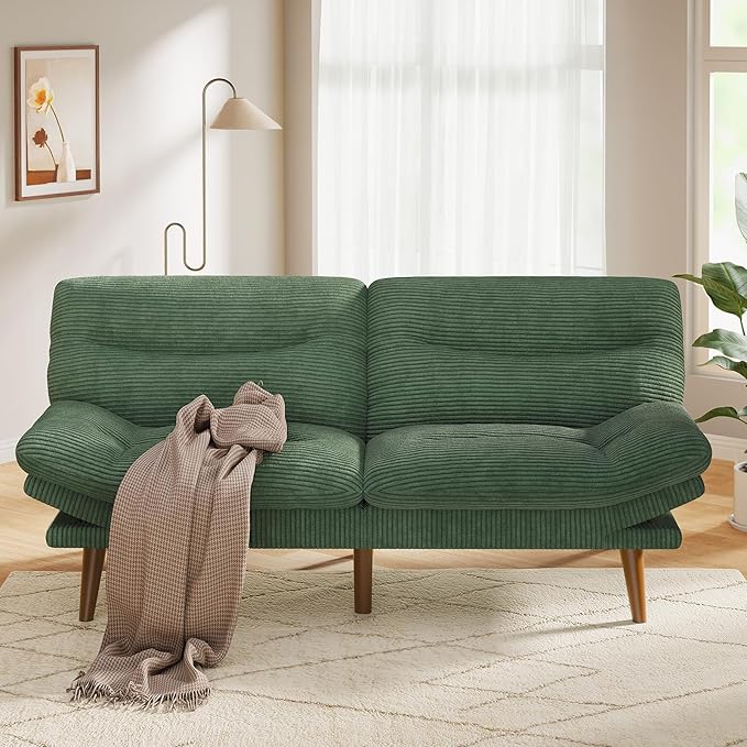 Pipishell Futon Sofa Bed, 75 Inch Corduroy Futon Couch Convertible with Adjustable Backrest and Armrests, Recliner Sleeper Sofa for Small Spaces, Living Room, Office, Guest Room (Green, 75 Inch)