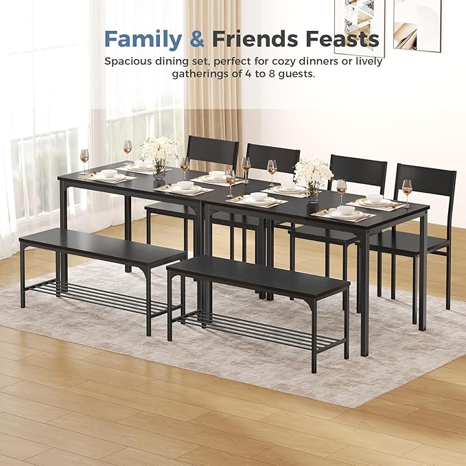 DUMOS Dining Table, Dining Table Set for 4 with Bench, Easy to Assemble Kitchen Table, Space-Saving Ideal 4-Person Set for Dining Room Kitchen Apartment Corner Black 4 Pack