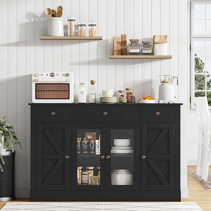 4 EVER WINNER 55" Coffee Bar with 4 Glass Doors and 3 Drawers, Sideboard Buffet Cabinet with Storage, Farmhouse Coffee Bar Cabinet with Adjustable Shelves for Kitchen, Dining Room, Black