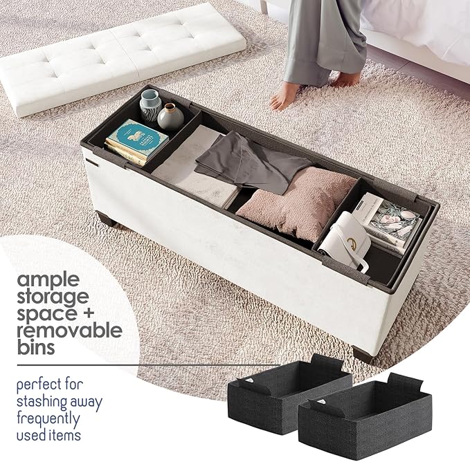 Storage Ottoman Bench with Bins, 43-in Storage Bench for Bedroom End of Bed, Folding Foot Rest Ottoman for Living Room Max 660lbs, Velvet Ottomans, Cream