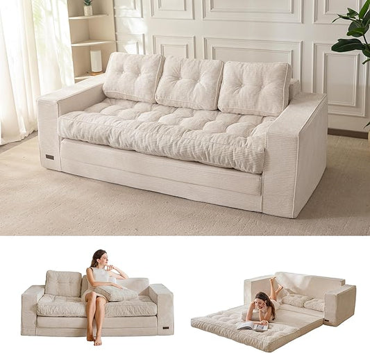 MAXYOYO Convertible Sofa Bed, Pull Out 3 Seater Sleeper Sofa, 2 in 1 Folding Couch Bed, Fold Out Floor Couch with Pillows for Living Room Bedroom Lounge, Beige