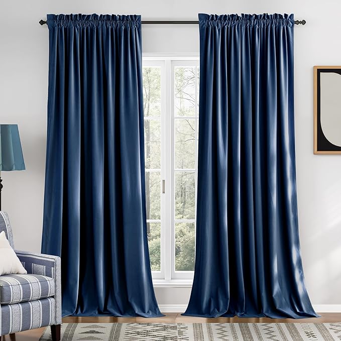 NICETOWN Navy Blue Velvet Blackout Curtains 96 inch Long for Bedroom and Living Room, Rod Pocket Drapes Soft Privacy Protection Window Treatments for Hall (2 Pieces, 52" Wide)