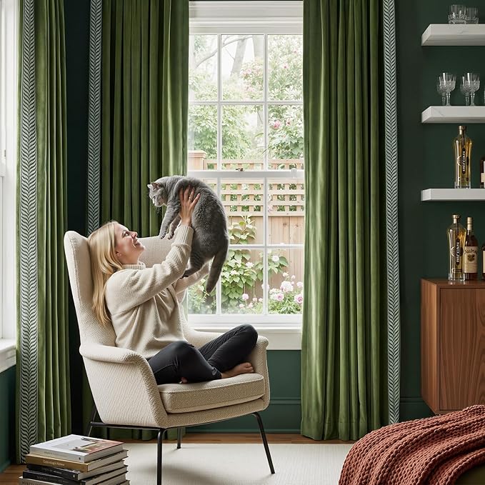 NICETOWN Rod Pocket Embroidered Trim Velvet Curtains, 2 Panels, Olive Green, 52" Wide, Thick Heavy Thermal Insulated Window Drapes 84 Inch Long for Bedroom/Living Room, Elegant Home Decor