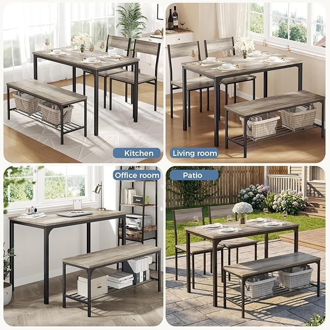 DUMOS Dining Table, Dining Table Set for 4 with Bench, Easy to Assemble Kitchen Table, Space-Saving Ideal 4-Person Set for Dining Room Kitchen Apartment Corner Grey 4 Pack
