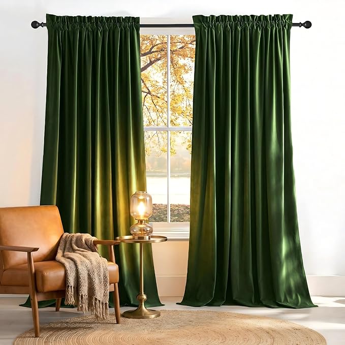 NICETOWN Olive Green Velvet Blackout Curtains 92 inch Long - Privacy Protection Rod Pocket Window Treatments for Bedroom and Living Room, 52" Wide Each Panel, 2 Panels