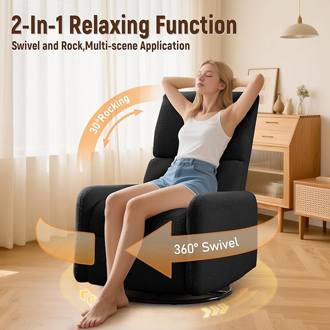 360° Rocking Chair, Nursery Rocker Chair with Side Pockets, Glider Nursing Chair with Steel Structure Base, Small Chair for Small Spaces, Sherpa Swivel Accent Chairs for Living Room, Nursing