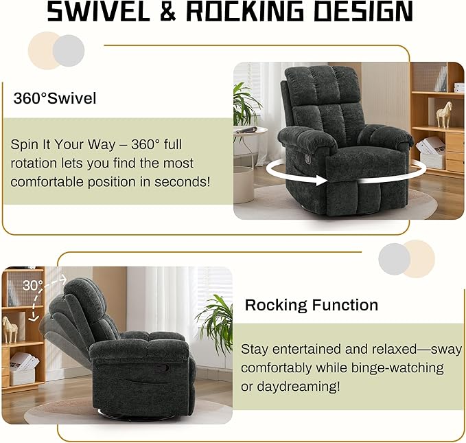 Recliner Chair, Swivel Rocker Recliner Chair for Adults, Small Recliners for Small Spaces, Upholstered Manual Recliner with Side Pockets, Nursery Rocking Chair for Living Room, Chenille, Black