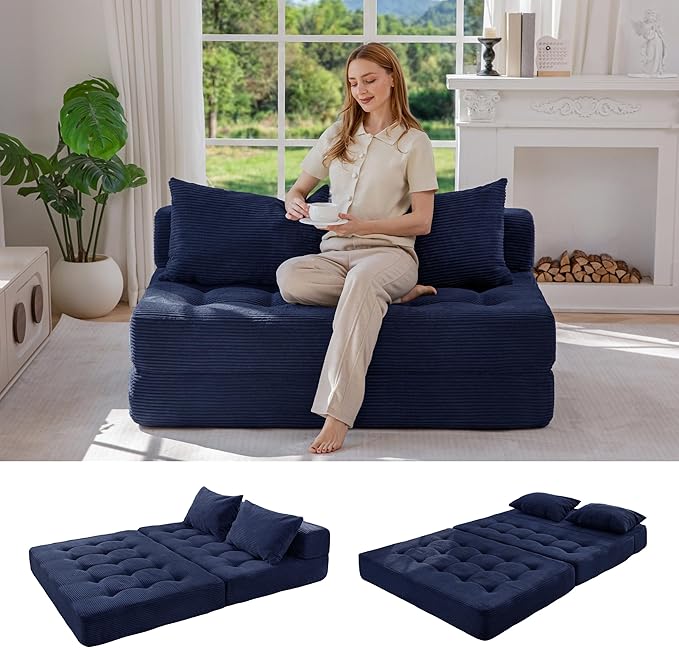 MAXYOYO Folding Sofa Couch, Convertible Floor Sleeper Couch with 2 Pillows, Tufted Floor Loveseat Couch Tufted Fold Out Chair Bed Comfy Sofa Lounge for Living Room Bedroom, Navy