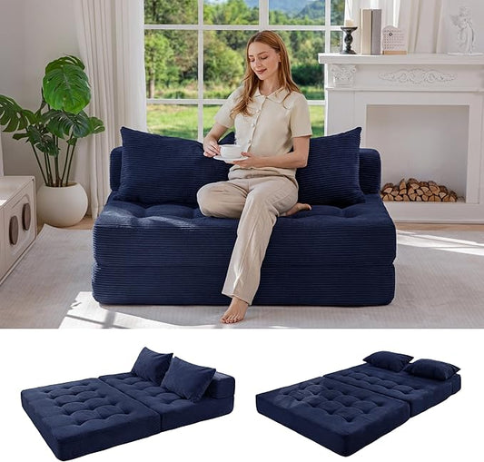 MAXYOYO Folding Sofa Couch, Convertible Floor Sleeper Couch with 2 Pillows, Tufted Floor Loveseat Couch Tufted Fold Out Chair Bed Comfy Sofa Lounge for Living Room Bedroom, Navy