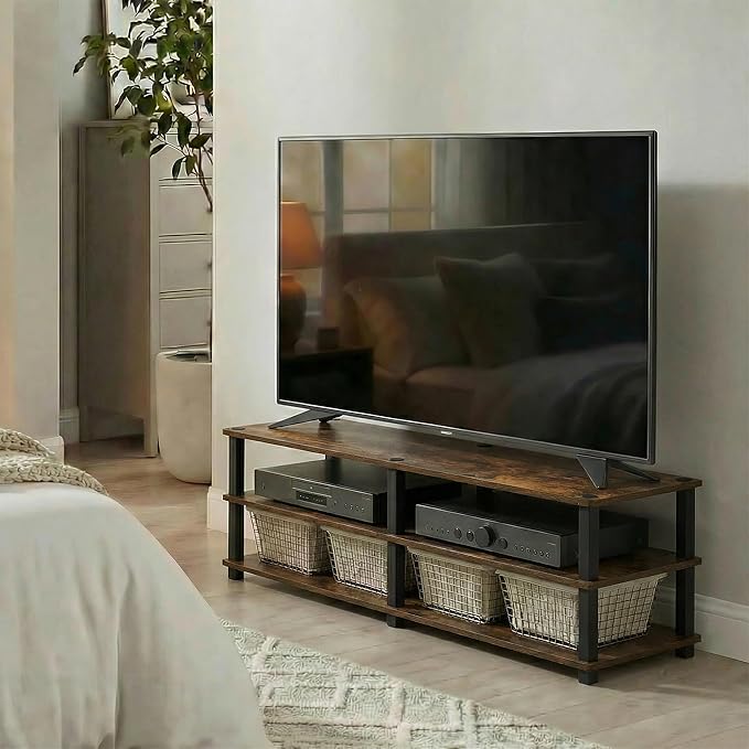 Furinno Turn-S-Tube TV Stand, 3-Tier Open Frame Design Entertainment Center, TV Console for TV up to 46 Inch, Toolless Assembly, for Living Room, Bedroom, Amber Pine