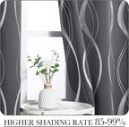 NICETOWN Bedroom Small Blackout Curtain Panels, Set of 2, 42 by 48 Inch,Grey, Window Treatment Thermal Insulated Solid Grommet Blackout Wave Line Foil Print Design Curtains for Kitchen, Cafe, Loft