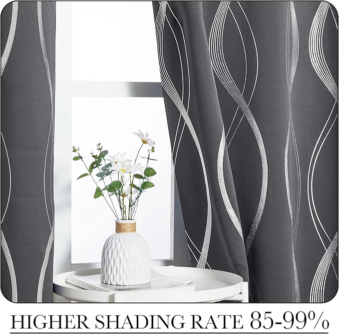 NICETOWN Bedroom Small Blackout Curtain Panels, Set of 2, 42 by 48 Inch,Grey, Window Treatment Thermal Insulated Solid Grommet Blackout Wave Line Foil Print Design Curtains for Kitchen, Cafe, Loft