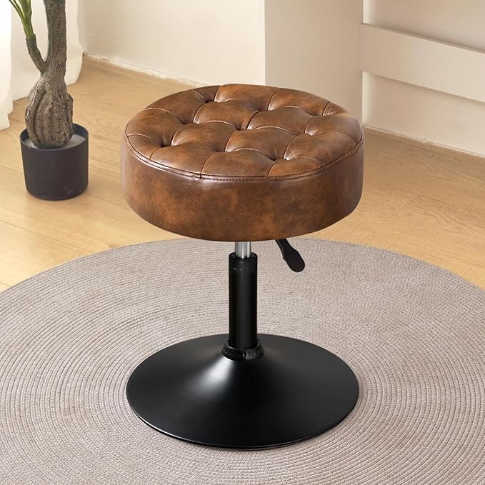 Furniliving Faux Leather Makeup Vanity Stool, Mid-Century Tufted Adjustable Swivel Ottoman Stool Modern Big Size Round Accent Chair for Living Room Bedroom Bathroom, YellowBrown