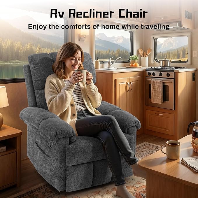 Recliner Chair, Swivel Rocker Recliner Chair for Adults, Small Recliners for Small Spaces, Manual Recliner with Side Pockets, Upholstered Nursery Rocking Chair for Living Room, Chenille, Grey