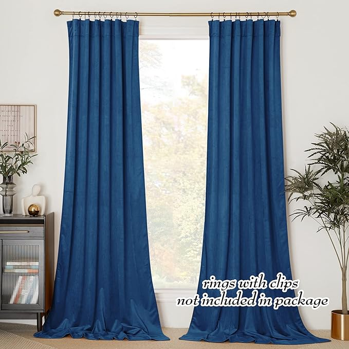 NICETOWN Royal Blue 96 inch Velvet Curtains for Living Room, Soft and Elegant Heavy Solid Rod Pocket Window Treatments for Bedroom, Office & Hall (2 Pieces, 52 inches Wide, 96 inches Long)