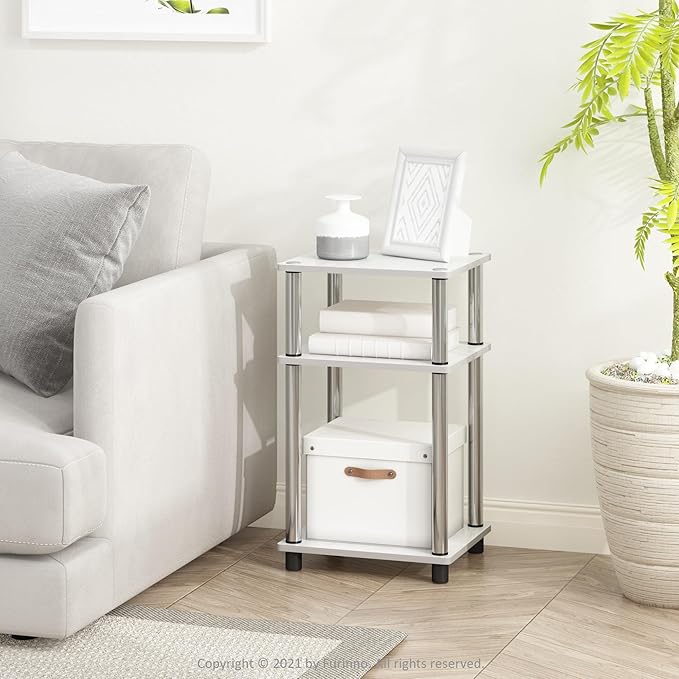 Furinno JUST Side Table Set of 2, 3-Tier Modern End Tables, Open Shelves Night Stand, Nightstand, Toolless Assembly, for Living Room, Bedroom, White Oak/Stainless Steel