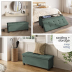 Storage Ottoman Bench with Bins, 43-in Storage Bench for Bedroom End of Bed, Folding Foot Rest Ottoman for Living Room Max 660lbs, Fabric Ottomans, Green