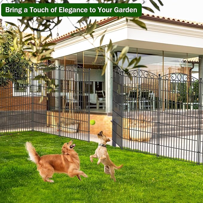 10 Panel No Dig Decorative Garden Fence with Gate - 48in H x 23.2 ft L,Dog Fence Outdoor for Yard,Tall Animal Barrier for Dogs Rabbits, Rustproof Metal Wire Panels for Yard,Patio, Flower Bed