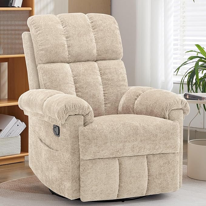 Recliner Chair, Swivel Rocker Recliner Chair for Adults, Small Recliners for Small Spaces, Manual Recliner with Side Pockets, Upholstered Nursery Rocking Chair for Living Room, Chenille, Khaki