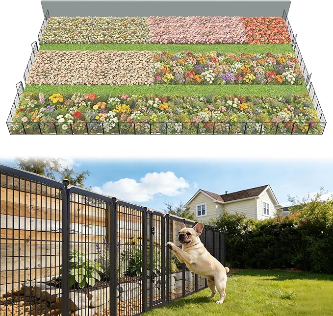 FXW Garden Fence Outdoor for The Yard – 24in(H) x 91.3ft(L) Heavy Duty Metal Animal Barrier for Dog and Rabbit, Decorative Dog Fence, 48 Panels, Black
