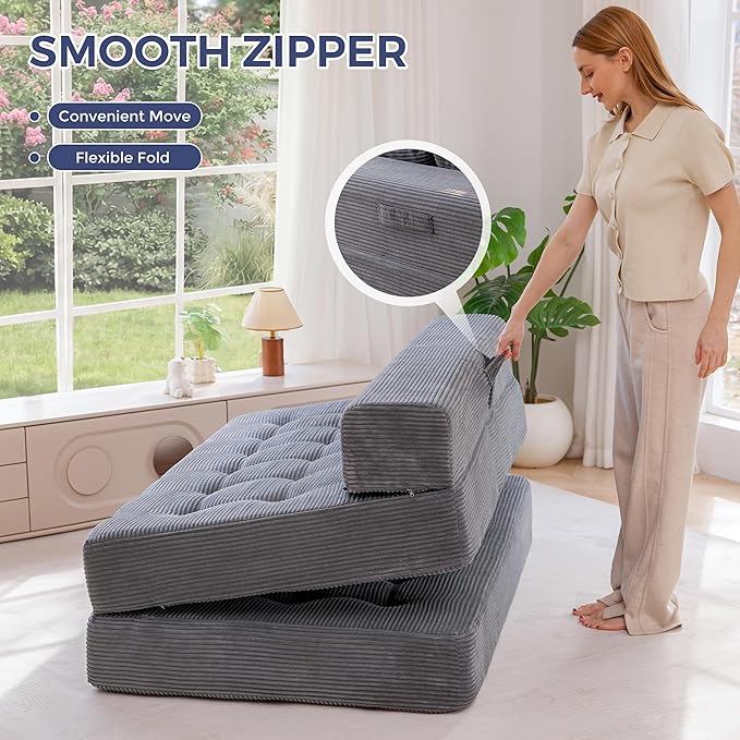 MAXYOYO Folding Sofa Couch, Convertible Floor Sleeper Couch with 2 Pillows, Tufted Floor Oversized Loveseat Couch Tufted Fold Out Chair Bed Comfy Sofa Lounge for Living Room Bedroom, Dark Grey