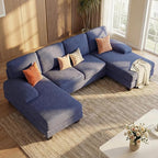 Homall Sectional U Shaped Sofa Couches for Living Room, Comfy Linen Fabric 4 Seat Sofa Set with Removable Pillows, Lounge Chaise Upholstered Couch for for Apartment (Loop Yarn, Navy Blue)