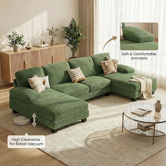 Homall Sectional U Shaped Sofa Couches for Living Room, Comfy Corduroy 4 Seat Sofa Set with Removable Pillows, Lounge Chaise Upholstered Couch for for Apartment (Corduroy, Dark Green)
