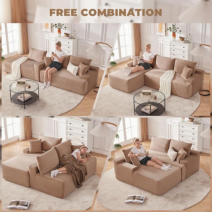Cloud Sectional Couch, Boneless Sofa for Living Room, Modular Sectional Sofa with Deep Seat, Fluffy Comfy Couch with L-Shaped Chaise, No Assembly Required, Camel
