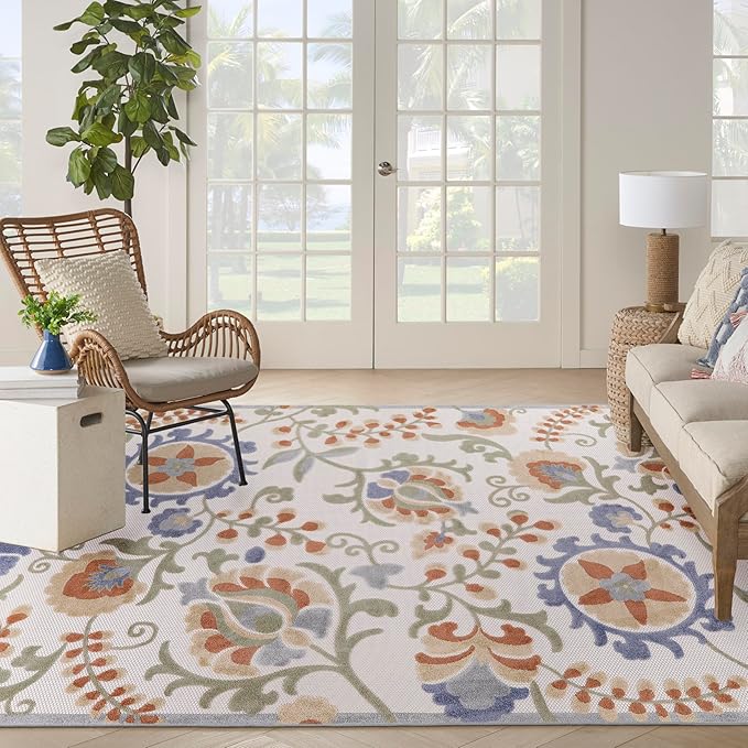 Nourison Home Aloha Ivory Blue 7'10" x 10'6" Area Rug - Easy Clean, Non Shedding, Bed Room, Living Room, Dining Room, Kitchen (8' x 11')