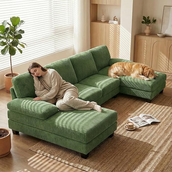 Homall Sectional U Shaped Sofa Couches for Living Room, Comfy Corduroy 4 Seat Sofa Set with Removable Pillows, Lounge Chaise Upholstered Couch for for Apartment (Corduroy, Dark Green)