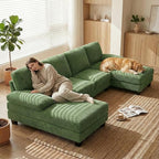 Homall Sectional U Shaped Sofa Couches for Living Room, Comfy Corduroy 4 Seat Sofa Set with Removable Pillows, Lounge Chaise Upholstered Couch for for Apartment (Corduroy, Dark Green)