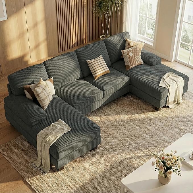 Homall Sectional U Shaped Sofa Couches for Living Room, Comfy Corduroy 4 Seat Sofa Set with Removable Pillows, Lounge Chaise Upholstered Couch for for Apartment (Corduroy, Dark Grey)