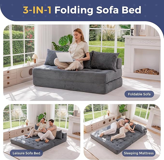 MAXYOYO Folding Sofa Couch, Convertible Floor Sleeper Couch with 2 Pillows, Tufted Floor Oversized Loveseat Couch Tufted Fold Out Chair Bed Comfy Sofa Lounge for Living Room Bedroom, Dark Grey