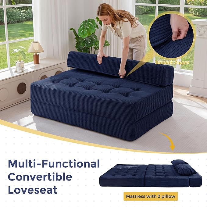 MAXYOYO Folding Sofa Couch, Convertible Floor Sleeper Couch with 2 Pillows, Tufted Floor Loveseat Couch Tufted Fold Out Chair Bed Comfy Sofa Lounge for Living Room Bedroom, Navy