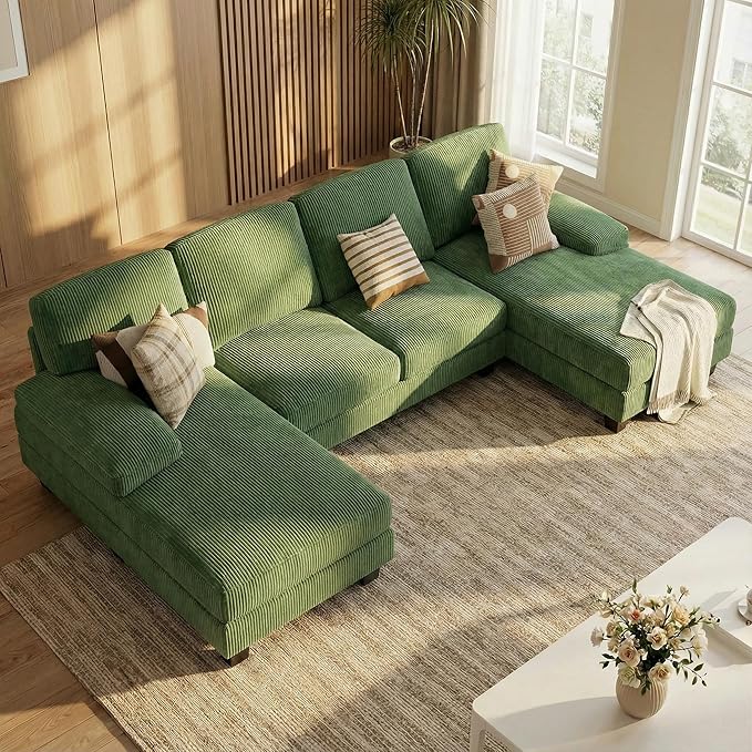 Homall Sectional U Shaped Sofa Couches for Living Room, Comfy Corduroy 4 Seat Sofa Set with Removable Pillows, Lounge Chaise Upholstered Couch for for Apartment (Corduroy, Dark Green)