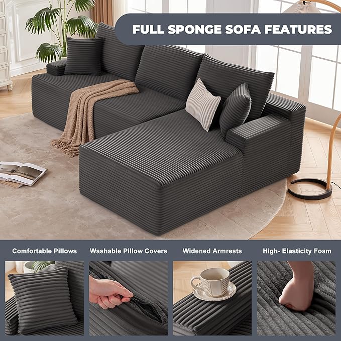 Cloud Sectional Sofa, Boneless Couch for Living Room, Modular Sectional Sofa with Deep Seat, Fluffy L-Shaped Comfy Couch with Right-Facing Chaise, No Assembly Required, Grey
