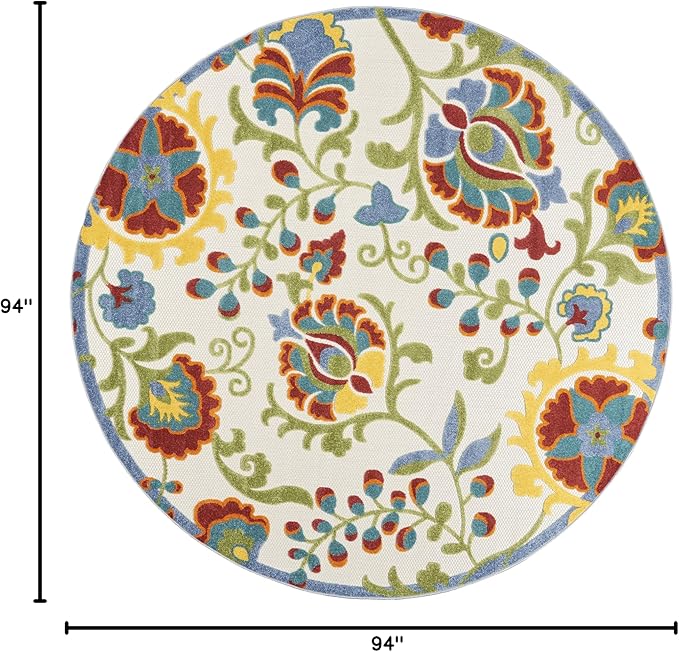 Nourison Home Aloha Ivory Multicolor 7'10" x Round Area Rug - Easy Clean, Non Shedding, Bed Room, Living Room, Dining Room, Kitchen (8' x Round)